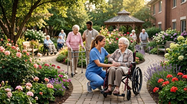 Caring nurses assist elderly residents in a beautiful garden setting at a senior living facility.