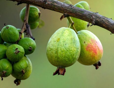 Fresh green guava fruits hanging on tree branch outdoors.