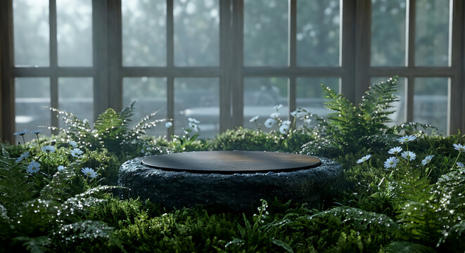 Minimalist 3D product display podium, natural composition. A central circular podium made of dark, rough volcanic basalt stone, with a dark, polished ebony wood surface. It is nestled within a bed of 