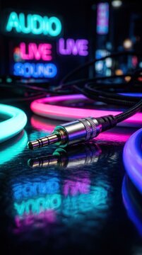 Close up of a TRS audio cable connector with neon lights and reflections.