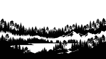 Fototapeta premium Stylized black and white line art landscape with mountains forest and lake reflection