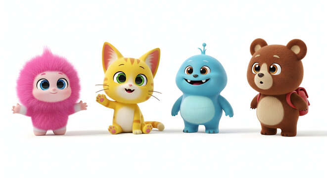 Four Cute Cartoon Friends &mdash; Pink Creature, Ginger Cat, Blue Monster and Brown Bear