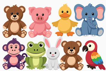 Naklejka premium Sweet collection of various stuffed animal toys including a bear pig duck and elephant for children in a nursery or toy store setting.