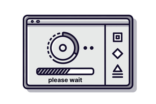 Digital loading window with a progress bar and the text please wait represents computer software updates or slow internet speeds.