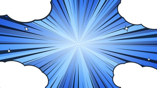 Blue comic book sunburst background with cartoon speech bubbles. 4K Video