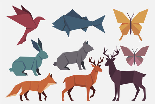 Collection of various animals including a fox, deer, rabbit, and butterfly rendered in a geometric origami style with flat colors and sharp edges.