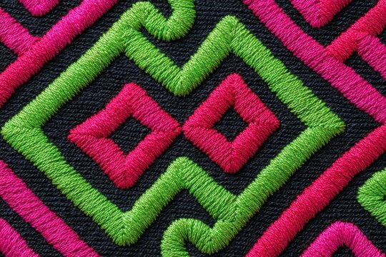 Neon pink and green geometric embroidery pattern on black fabric texture background.