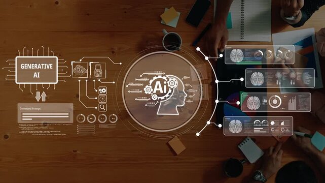 Dynamic representation of Generative AI technology with data visualizations and collaborative tools on a lively workspace table, illustrating modern digital innovation. Raster
