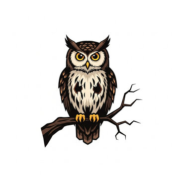 Stylized illustration of a wise owl perched on a bare tree branch isolated on white background