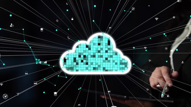 This image illustrates a modern cloud computing concept with digital pixels and network connections, ideal for representing data management and innovative technology solutions. Xenic