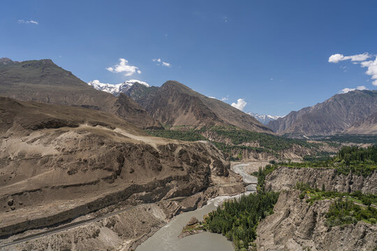 Scenic mountain landscape view of Hunza river valley in summer seen from Altit fort, Karimabad, Hunza, Gilgit-Baltistan, Pakistan