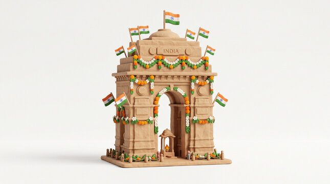 3D Miniature Model of India Gate Decorated with Flags and Tricolor Garlands