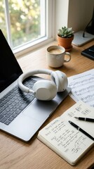 Fototapeta premium Cozy Home Office Setup with Laptop, Headphones, and Coffee.