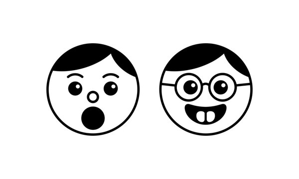 Two cartoon boy faces with surprised and smiling expressions, line art vector illustration on isolated background