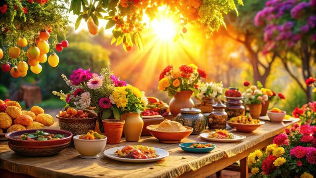 Vibrant Outdoor Feast with Colorful Dishes and Floral Decorations