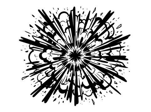 Comic book explosion featuring sharp black lines and radiating lines of energy.