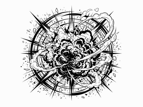 Massive explosion surrounded by swirling smoke and sharp radiating shockwave lines delivers a powerful graphic impact illustration.