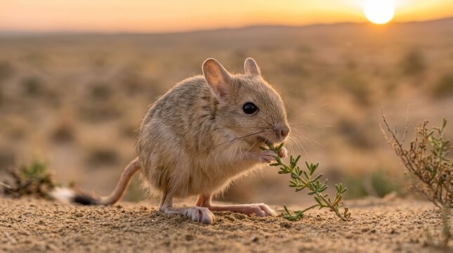 Desert Jerboa Rodent Eating Green Plant During Golden Sunset in Arid Landscape.