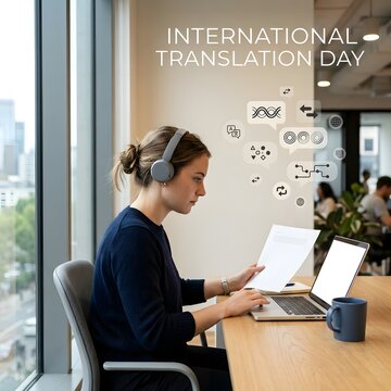 Woman wearing headphones working on a laptop for international translation day at office