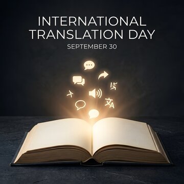 Open book with floating language and translation icons for international translation day