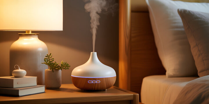 Aromatic wood grain essential oil diffuser working on wooden bedside table in bedroom.