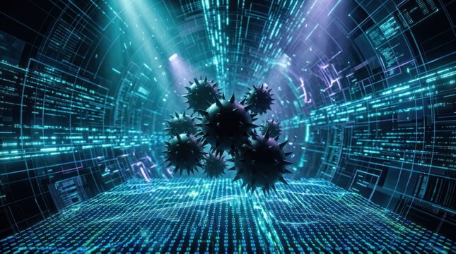 Digital Virus Threat in Futuristic Data Stream.