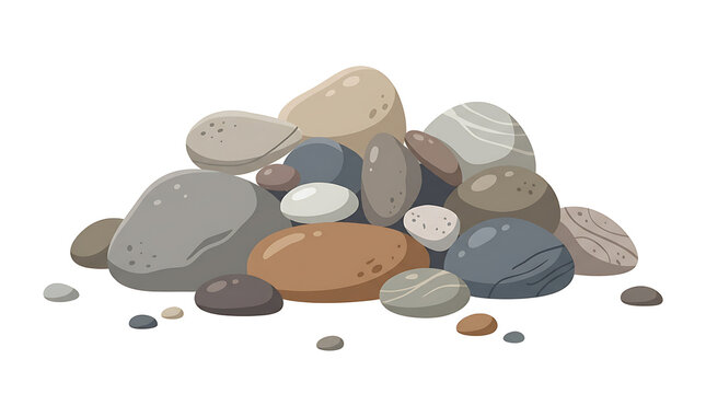 Pile of smooth river stones isolated on white background