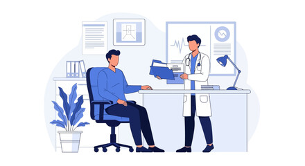 Fototapeta premium Doctor Consulting with Patient in Medical Office Vector Illustration. Healthcare Professional Discussing Medical Records with a Man in a Clinic Setting.