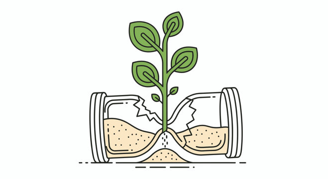 Green sprout growing from broken hourglass, symbolizing growth and time passing