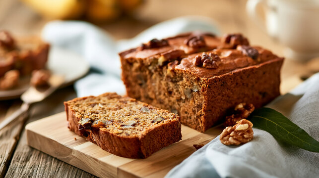 Freshly baked banana bread with crunchy walnuts on a wooden board. Ideal comfort food for breakfast, snack, or dessert