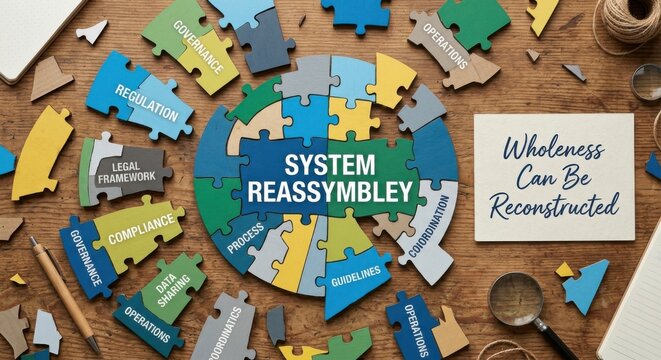 Jigsaw puzzle pieces forming 'System Reassembly' with business terms, demonstrating strategic planning and integration