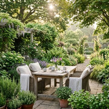 Enchanting Garden Oasis with Outdoor Dining Set Bathed in Golden Sunlight.