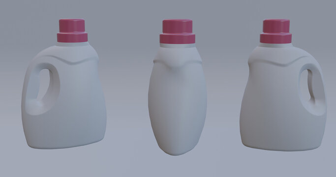 Three unbranded white plastic bottles with ergonomic handles and pink screw caps arranged in a row against a soft neutral background. Clean 3D-rendered packaging mockup suitable for laundry detergent,