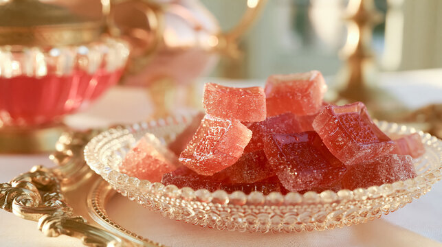 Pink rosewater flavored Turkish delight Lokum confectionery in a crystal bowl, ready for a dessert, tea time, or sweet snack