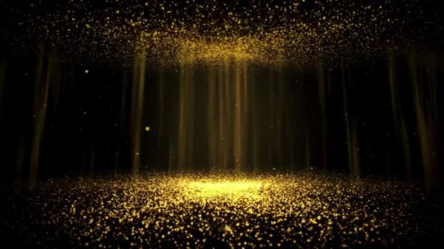 An abstract, glittering particle background featuring a luxurious gold and black color scheme.