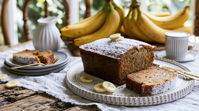 Sliced banana bread loaf dusted with powdered sugar and fresh banana on a ceramic plate, next to coffee and whole bananas