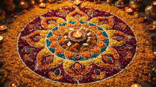 Beautiful rangoli art with marigold flowers and diyas for diwali celebration