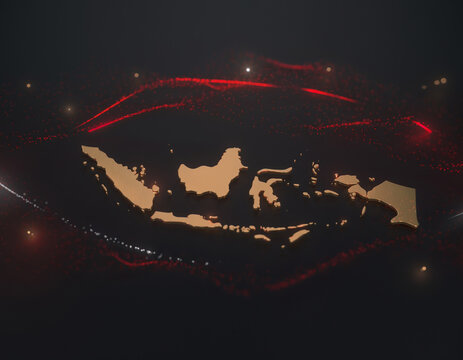 A glowing orange map of the Indonesian archipelago is displayed against a dark background.
