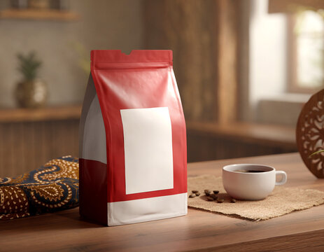A red coffee bean bag with a blank white label sits on a wooden table beside a cup.