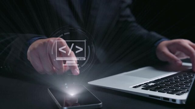 Modern web development concept featuring coding symbols, web development process, web development interface, and web development tools with futuristic design. Elide