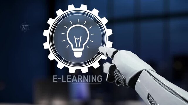 A robotic arm points toward various icons representing e-learning and digital education, symbolizing the future of technology-driven learning in a modern workspace. Synapse
