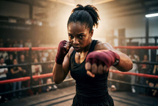 Strong female athlete in boxing gloves delivering a direct punch in a gym