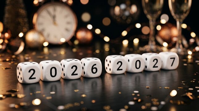 White plastic gaming cubes displaying the years two thousand twenty six and two thousand twenty seven rest on a dark surface during a festive celebration with blurred golden lights