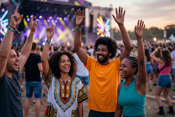 Naklejka premium Diverse Friends Dancing and Enjoying Music at a Summer Outdoor Festival
