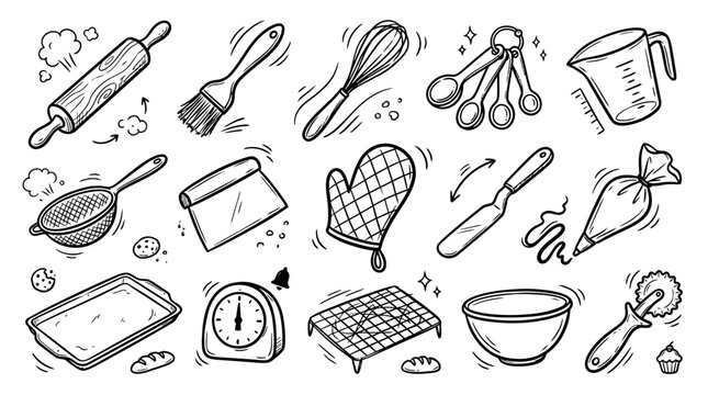Hand-drawn set of baking and pastry tools sketches including rolling pin, whisk, mixing bowl, and measuring cups in a doodle style