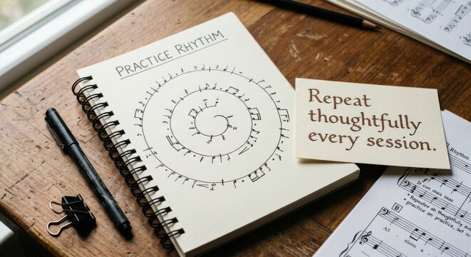 Spiral Music Notation Practice Rhythm Notebook on Wooden Surface