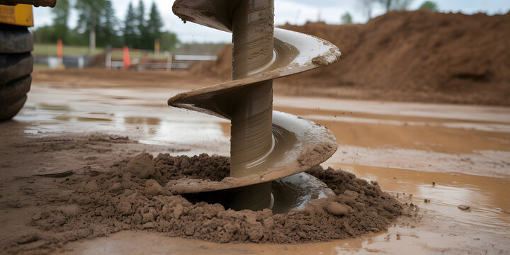 Industrial auger drill tool rotating to create deep hole in mud on construction ground.
