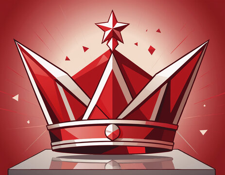 A stylized red and white geometric crown with a star on top against a red background.