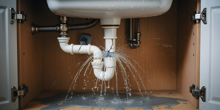 Leaking kitchen sink pipe spray water in wooden cabinet with burst plumbing connection.