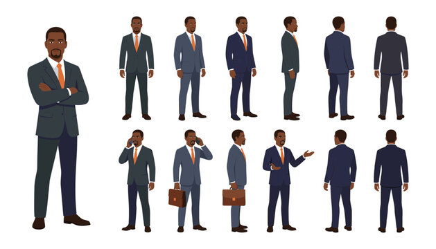 African American businessman character turnaround sheet with multiple poses front side back view gestures talking phone holding briefcase,